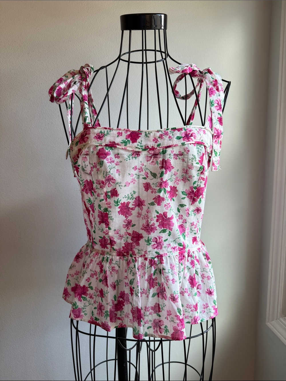 NWT: Olivaceous White Peplum Tank Top with Pink Floral Print and Tie Shoulders